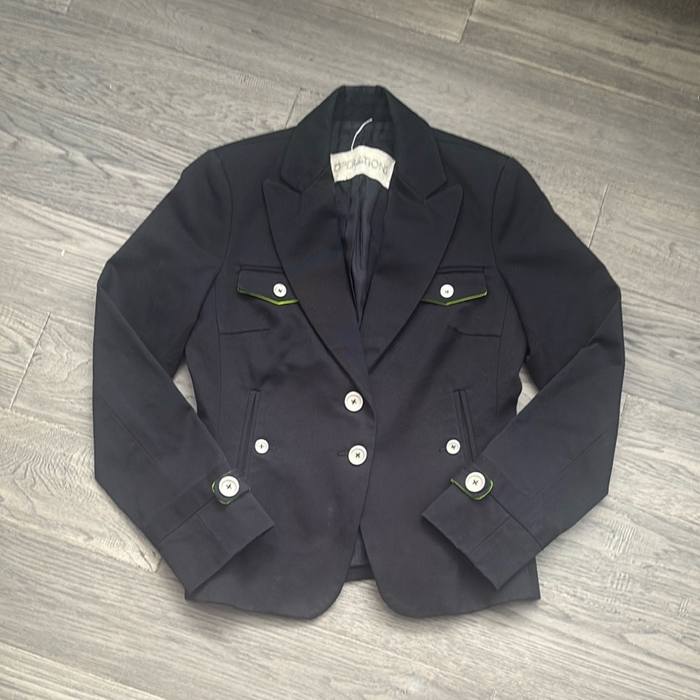 Operations | Chic Black Blazer with Green Accents Military Style Size Small
